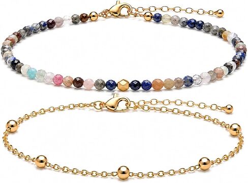 2Pcs Beaded Anklets for Women, Natural Stone Bead Ankle Bracelets with 14K Gold Plated Chain, Waterproof Adjustable Layered Anklet Set, Boho Beach Summer Jewelry Gift in Kuwait