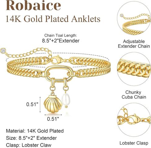 Robaice Ankle Bracelets for Women, Waterproof 14K Gold Plated Anklet Non Tarnish，Chunky Cuban Link Chain Anklets Adjustable Trendy Summer Beach Jewelry Gifts for Women in Kuwait