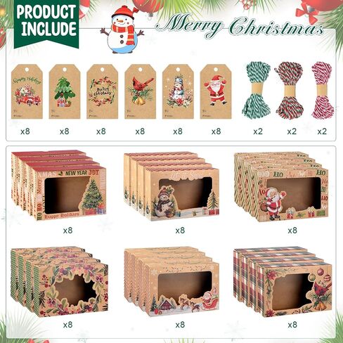 Zachely 24 Christmas Cookie Boxes, Bulk Large Christmas Kraft Paper Treat Boxes with Tags & Ribbons, 6 Styles Holiday Cookie Boxes for Gift Giving, Xmas Cookie Tins with Lids for Cake, Bakery, Donuts in Saudi Arabia