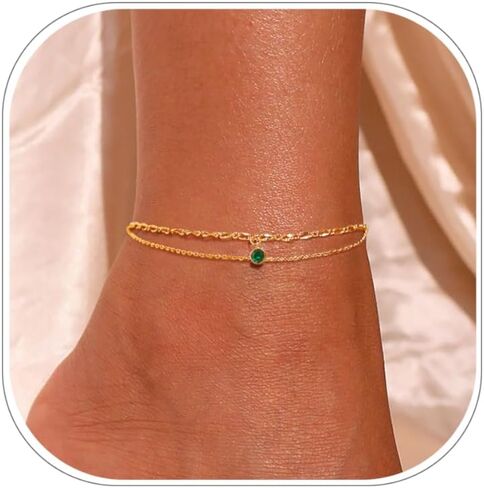 ZHESHY Ankle Bracelets for Women Gold Anklets with Birthstone 14K Gold Plated Dainty Layered Anklets Waterproof Non Tarnish Chain Anklet Bracelets Summer Beach Jewelry Birthday Gifts in Saudi Arabia