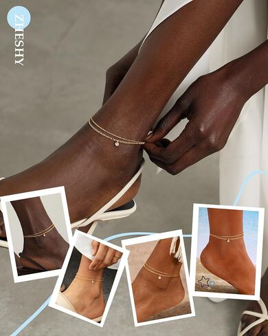 ZHESHY Ankle Bracelets for Women Gold Anklets with Birthstone 14K Gold Plated Dainty Layered Anklets Waterproof Non Tarnish Chain Anklet Bracelets Summer Beach Jewelry Birthday Gifts in Saudi Arabia