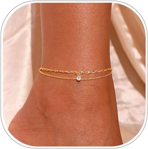 ZHESHY Ankle Bracelets for Women Gold Anklets with Birthstone 14K Gold Plated Dainty Layered Anklets Waterproof Non Tarnish Chain Anklet Bracelets Summer Beach Jewelry Birthday Gifts in Saudi Arabia