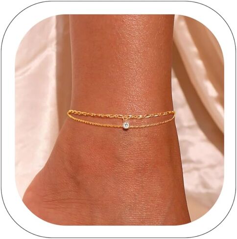 ZHESHY Ankle Bracelets for Women Gold Anklets with Birthstone 14K Gold Plated Dainty Layered Anklets Waterproof Non Tarnish Chain Anklet Bracelets Summer Beach Jewelry Birthday Gifts in Saudi Arabia