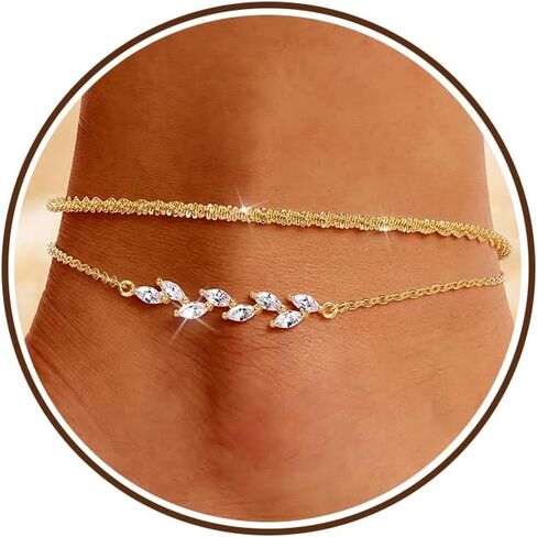 Sterling Silver Ankle Bracelets for Women 14k Gold Plated Waterproof Layered Stackable CZ Charm Non Tarnish Adjustable Anklet for Summer Beach Birthday Jewelry Gift in Kuwait