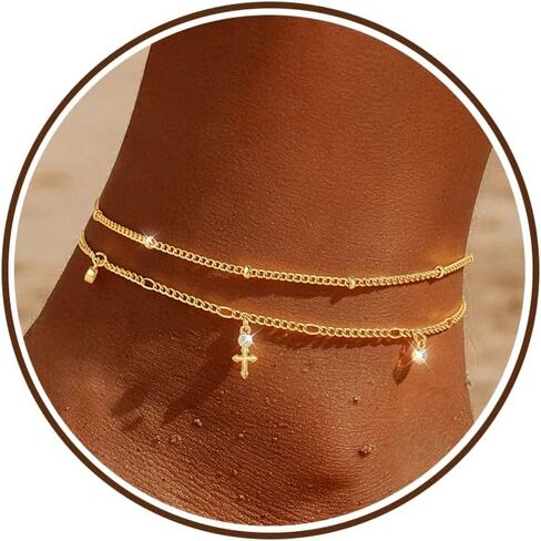 Sterling Silver Ankle Bracelets for Women 14K Gold Waterproof Layered Stackable Bead Chain Cross Charm Non Tarnish Large Adjustable Anklet for Summer Beach Jewelry Gift in Kuwait