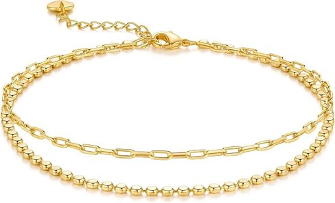 Anklets for Women Gold Ankle Bracelets for Women 14K Gold Anklets for Womens Figaro Chain and Round Rice Bead Chain Layered Anklets for Womens Ankle Bracelets 24+4cm in Kuwait