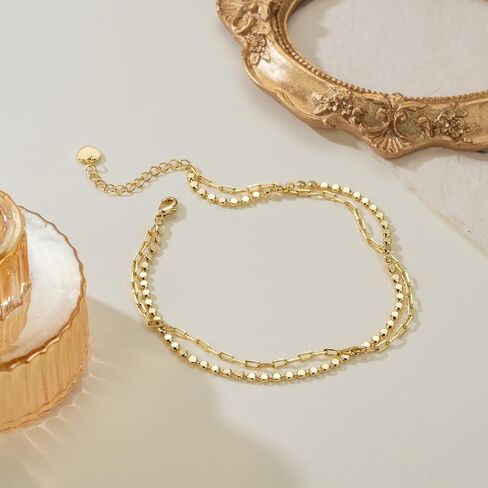 Anklets for Women Gold Ankle Bracelets for Women 14K Gold Anklets for Womens Figaro Chain and Round Rice Bead Chain Layered Anklets for Womens Ankle Bracelets 24+4cm in Kuwait