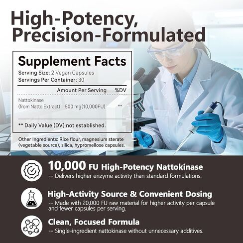 Advanced Nattokinase Supplement 10,000 FU 500mg – Enhanced Potency & High Enzyme Activity, Supports Healthy Blood Flow & Circulation, Non GMO, Made in USA, 60 Vegan Capsules in Kuwait