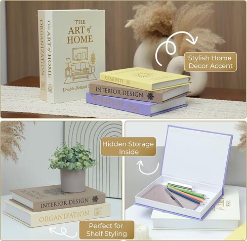مجموعة كتب مزخرفة مكونة من 5 كتب مع مساحة تخزين مخفية وإغلاق مغناطيسي - كتب صناعية من الكتان أكسفورد مع نقش رقائق ذهبية | ديكور طاولة القهوة ورف الكتب والرف والمنضدة | علبة هدية لافندر in Kuwait