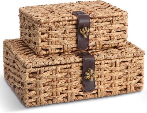 Novabright 2 Pcs Seagrass Storage Basket Box with Lid Decorative Box Storage Basket with Lid Rectangular Woven Shelf Baskets Bins for Coffee Table, Home Decor Organize Snack Toys(small+large) in Saudi Arabia