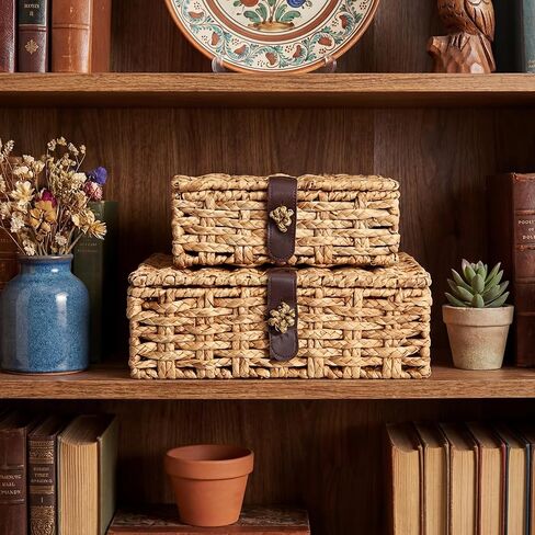 Novabright 2 Pcs Seagrass Storage Basket Box with Lid Decorative Box Storage Basket with Lid Rectangular Woven Shelf Baskets Bins for Coffee Table, Home Decor Organize Snack Toys(small+large) in Saudi Arabia