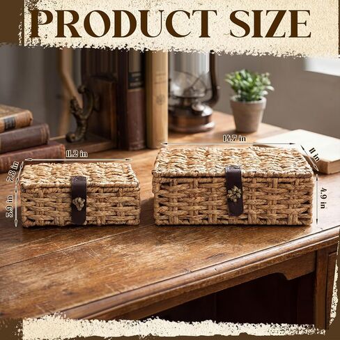Novabright 2 Pcs Seagrass Storage Basket Box with Lid Decorative Box Storage Basket with Lid Rectangular Woven Shelf Baskets Bins for Coffee Table, Home Decor Organize Snack Toys(small+large) in Saudi Arabia