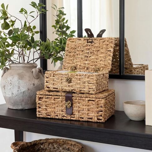 Novabright 2 Pcs Seagrass Storage Basket Box with Lid Decorative Box Storage Basket with Lid Rectangular Woven Shelf Baskets Bins for Coffee Table, Home Decor Organize Snack Toys(small+large) in Saudi Arabia