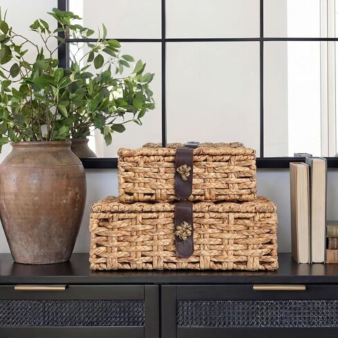 Novabright 2 Pcs Seagrass Storage Basket Box with Lid Decorative Box Storage Basket with Lid Rectangular Woven Shelf Baskets Bins for Coffee Table, Home Decor Organize Snack Toys(small+large) in Saudi Arabia
