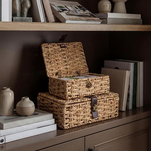 Novabright 2 Pcs Seagrass Storage Basket Box with Lid Decorative Box Storage Basket with Lid Rectangular Woven Shelf Baskets Bins for Coffee Table, Home Decor Organize Snack Toys(small+large) in Saudi Arabia