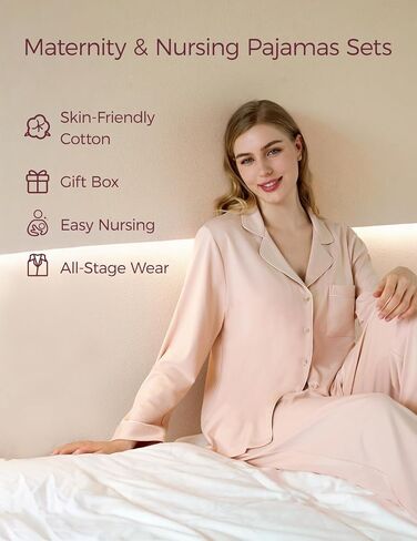 طقم بيجامة للرضاعة بعد الولادة من Momcozy للنساء قطعتين، أكمام طويلة ورقبة على شكل حرف V وأزرار سفلية من القطن لاستراحة الأمومة Pjs وردي in Kuwait