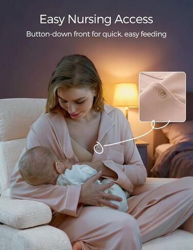 طقم بيجامة للرضاعة بعد الولادة من Momcozy للنساء قطعتين، أكمام طويلة ورقبة على شكل حرف V وأزرار سفلية من القطن لاستراحة الأمومة Pjs وردي in Kuwait