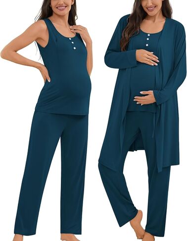 SWOMOG Maternity Nursing Robe Set 3 Piece Women Postpartum Pajamas Breastfeeding 3 in 1 Labor Delivery Zipper Pregnancy Pjs in Kuwait