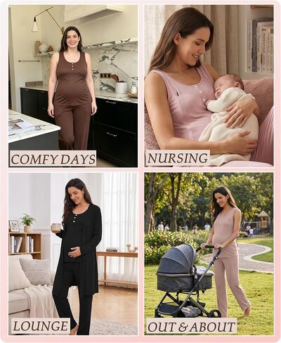 SWOMOG Maternity Nursing Robe Set 3 Piece Women Postpartum Pajamas Breastfeeding 3 in 1 Labor Delivery Zipper Pregnancy Pjs in Kuwait