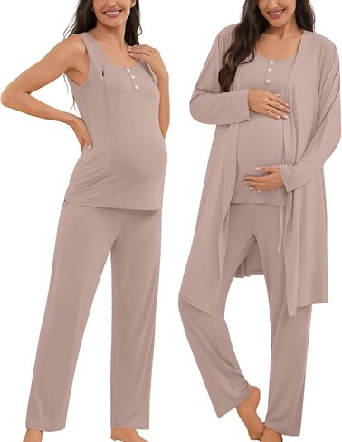 SWOMOG Maternity Nursing Robe Set 3 Piece Women Postpartum Pajamas Breastfeeding 3 in 1 Labor Delivery Zipper Pregnancy Pjs in Kuwait