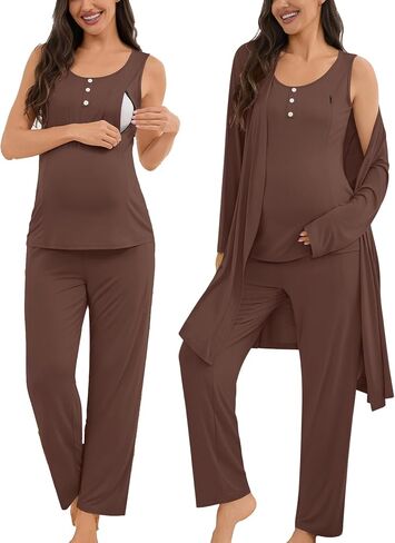 SWOMOG Maternity Nursing Robe Set 3 Piece Women Postpartum Pajamas Breastfeeding 3 in 1 Labor Delivery Zipper Pregnancy Pjs in Kuwait