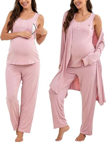 SWOMOG Maternity Nursing Robe Set 3 Piece Women Postpartum Pajamas Breastfeeding 3 in 1 Labor Delivery Zipper Pregnancy Pjs in Kuwait
