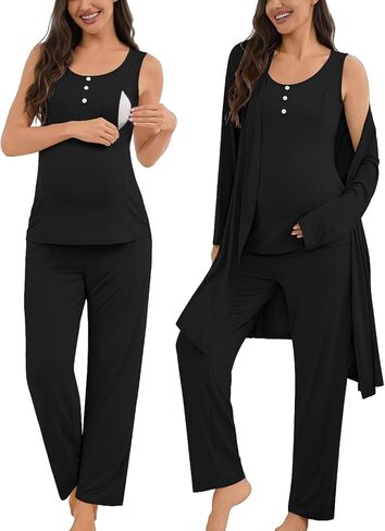 SWOMOG Maternity Nursing Robe Set 3 Piece Women Postpartum Pajamas Breastfeeding 3 in 1 Labor Delivery Zipper Pregnancy Pjs in Kuwait