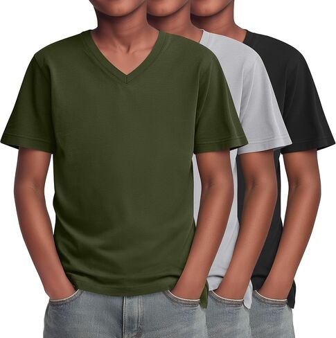 Yooo's Vivi 3 Pack Boys T-Shirts Kids V Neck Short Sleeve Tops Teen Loose Fit Tees Basic Summer Clothes 5-16 Years in Saudi Arabia
