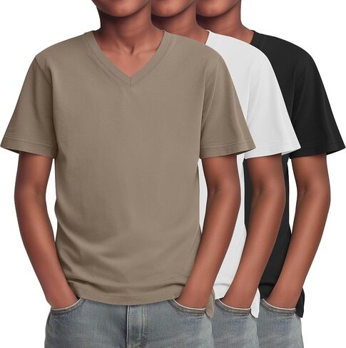 Yooo's Vivi 3 Pack Boys T-Shirts Kids V Neck Short Sleeve Tops Teen Loose Fit Tees Basic Summer Clothes 5-16 Years in Saudi Arabia