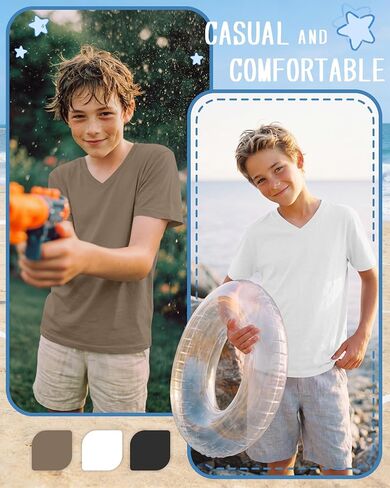 Yooo's Vivi 3 Pack Boys T-Shirts Kids V Neck Short Sleeve Tops Teen Loose Fit Tees Basic Summer Clothes 5-16 Years in Saudi Arabia