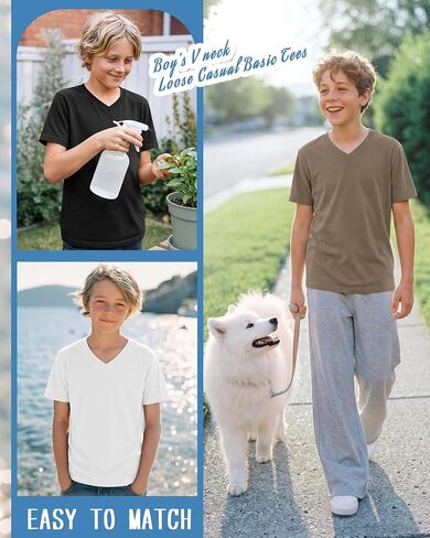 Yooo's Vivi 3 Pack Boys T-Shirts Kids V Neck Short Sleeve Tops Teen Loose Fit Tees Basic Summer Clothes 5-16 Years in Saudi Arabia