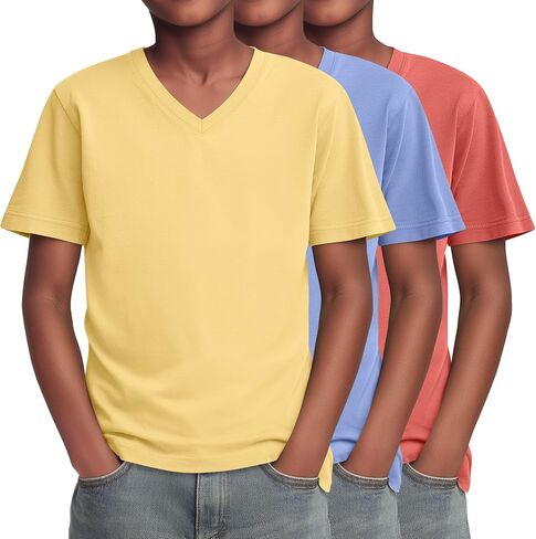 Yooo's Vivi 3 Pack Boys T-Shirts Kids V Neck Short Sleeve Tops Teen Loose Fit Tees Basic Summer Clothes 5-16 Years in Saudi Arabia