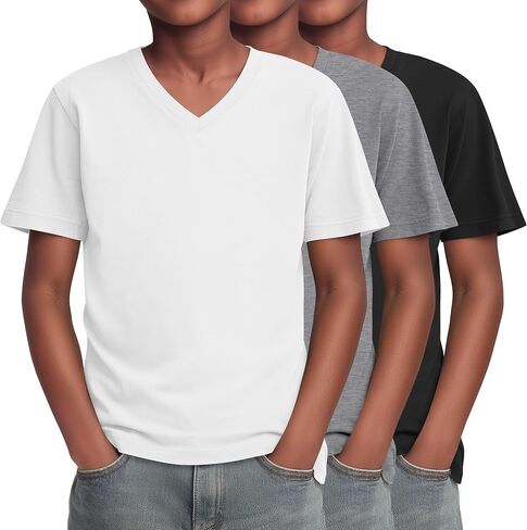 Yooo's Vivi 3 Pack Boys T-Shirts Kids V Neck Short Sleeve Tops Teen Loose Fit Tees Basic Summer Clothes 5-16 Years in Saudi Arabia