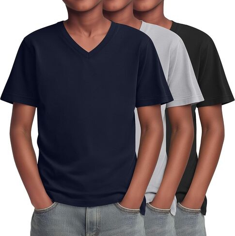 Yooo's Vivi 3 Pack Boys T-Shirts Kids V Neck Short Sleeve Tops Teen Loose Fit Tees Basic Summer Clothes 5-16 Years in Saudi Arabia
