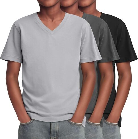 Yooo's Vivi 3 Pack Boys T-Shirts Kids V Neck Short Sleeve Tops Teen Loose Fit Tees Basic Summer Clothes 5-16 Years in Saudi Arabia