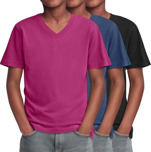 Yooo's Vivi 3 Pack Boys T-Shirts Kids V Neck Short Sleeve Tops Teen Loose Fit Tees Basic Summer Clothes 5-16 Years in Saudi Arabia