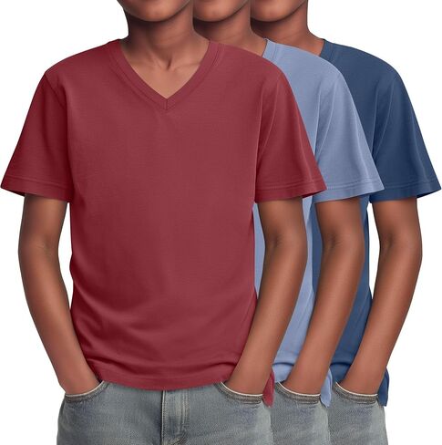 Yooo's Vivi 3 Pack Boys T-Shirts Kids V Neck Short Sleeve Tops Teen Loose Fit Tees Basic Summer Clothes 5-16 Years in Saudi Arabia