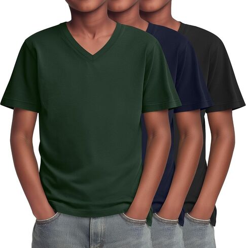 Yooo's Vivi 3 Pack Boys T-Shirts Kids V Neck Short Sleeve Tops Teen Loose Fit Tees Basic Summer Clothes 5-16 Years in Saudi Arabia