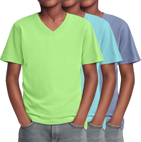 Yooo's Vivi 3 Pack Boys T-Shirts Kids V Neck Short Sleeve Tops Teen Loose Fit Tees Basic Summer Clothes 5-16 Years in Saudi Arabia