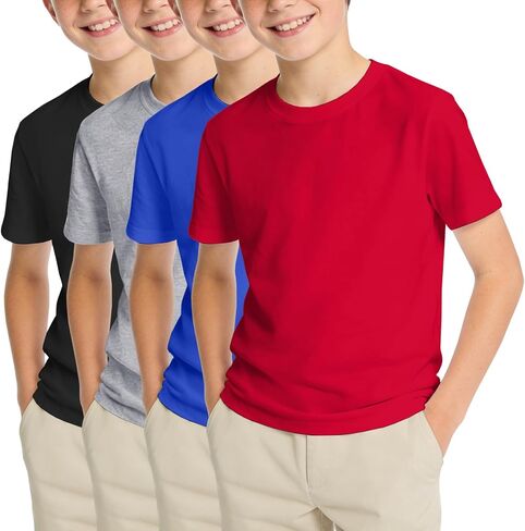 KEREDA 4 Pack Boys Shirts Short Sleeve Cotton T-Shirts Kids Summer Crewneck Solid Plain Basic Tees Tops Size 5-14 Years in Kuwait