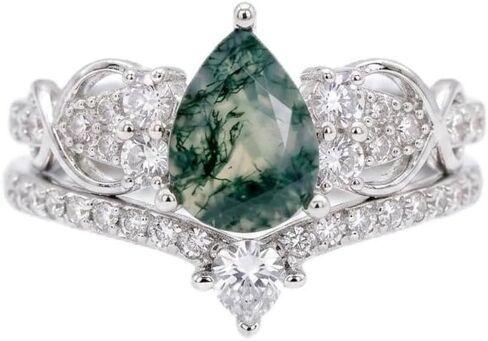 KQ&TTENG Natural Moss Agate Ring Set Moss Agate Moissanite Ring Engagement Rings Jewelry Wedding Gift for Couple Bride Women Ring Size 7-9 in Saudi Arabia