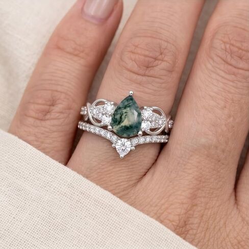 KQ&TTENG Natural Moss Agate Ring Set Moss Agate Moissanite Ring Engagement Rings Jewelry Wedding Gift for Couple Bride Women Ring Size 7-9 in Saudi Arabia