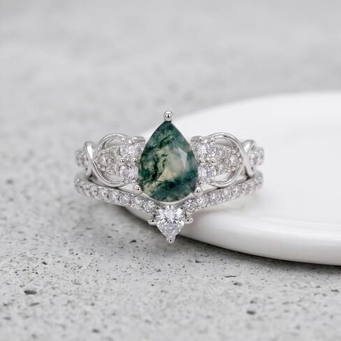 KQ&TTENG Natural Moss Agate Ring Set Moss Agate Moissanite Ring Engagement Rings Jewelry Wedding Gift for Couple Bride Women Ring Size 7-9 in Saudi Arabia