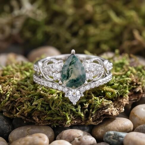 KQ&TTENG Natural Moss Agate Ring Set Moss Agate Moissanite Ring Engagement Rings Jewelry Wedding Gift for Couple Bride Women Ring Size 7-9 in Saudi Arabia