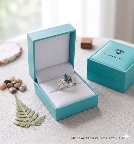 KQ&TTENG Natural Moss Agate Ring Set Moss Agate Moissanite Ring Engagement Rings Jewelry Wedding Gift for Couple Bride Women Ring Size 7-9 in Saudi Arabia