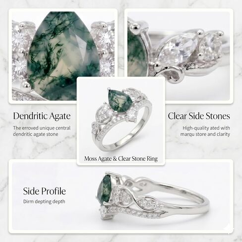 KQ&TTENG Natural Moss Agate Ring Set Moss Agate Moissanite Ring Engagement Rings Jewelry Wedding Gift for Couple Bride Women Ring Size 7-9 in Saudi Arabia