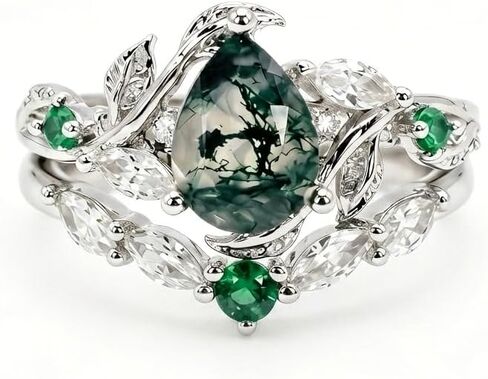 KQ&TTENG Natural Moss Agate Ring Set Moss Agate Moissanite Ring Engagement Rings Jewelry Wedding Gift for Couple Bride Women Ring Size 7-9 in Saudi Arabia
