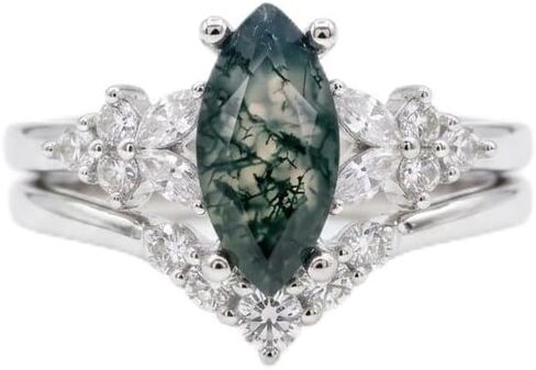 KQ&TTENG Natural Moss Agate Ring Set Moss Agate Moissanite Ring Engagement Rings Jewelry Wedding Gift for Couple Bride Women Ring Size 7-9 in Saudi Arabia