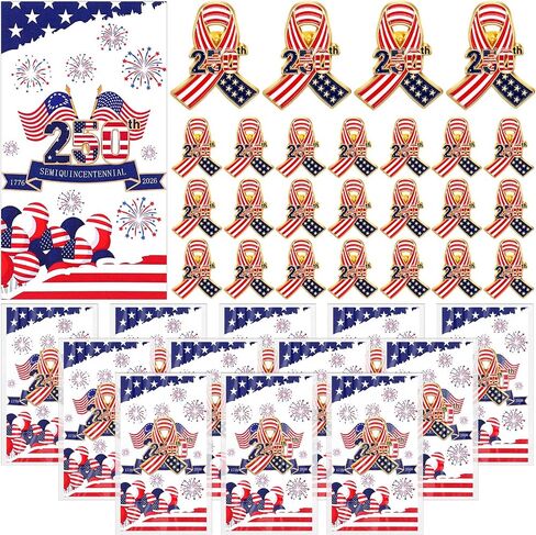 30 Sets 250 Anniversary Pins Independence Day Party Favor Gifts American Flag Patriotic Lapel Brooch Pin 4th of July Red White and Blue Cards White Bag for Women Veterans Memorial Day Accessories in Saudi Arabia