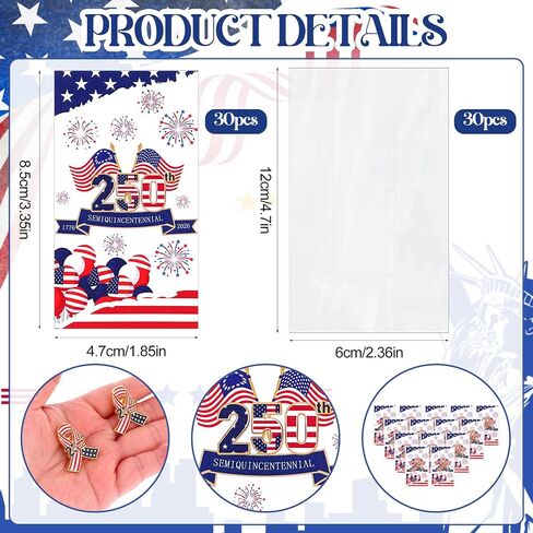 30 Sets 250 Anniversary Pins Independence Day Party Favor Gifts American Flag Patriotic Lapel Brooch Pin 4th of July Red White and Blue Cards White Bag for Women Veterans Memorial Day Accessories in Saudi Arabia